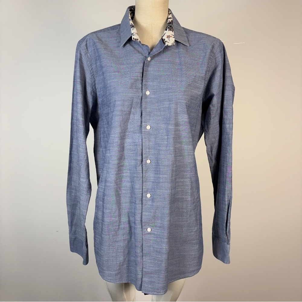 Le31 Simons Slim Elegant Blue Casual Button Down Shirt with Floral Collar 16R